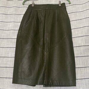 Vintage 80s St. Gillian by Kay Unger - Olive Leather Midi Skirt